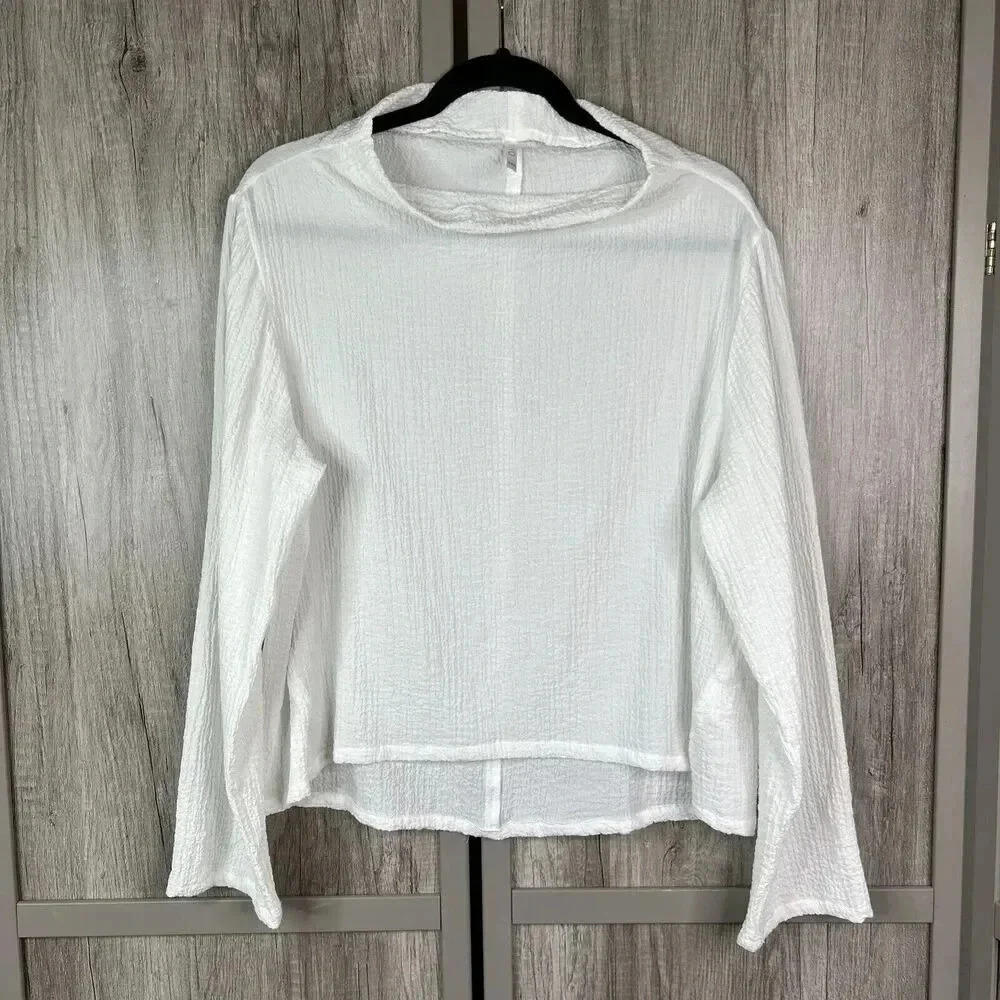 Kiyo White Top Blouse Artsy Lagenlook Long Sleeves Made in USA Sz M